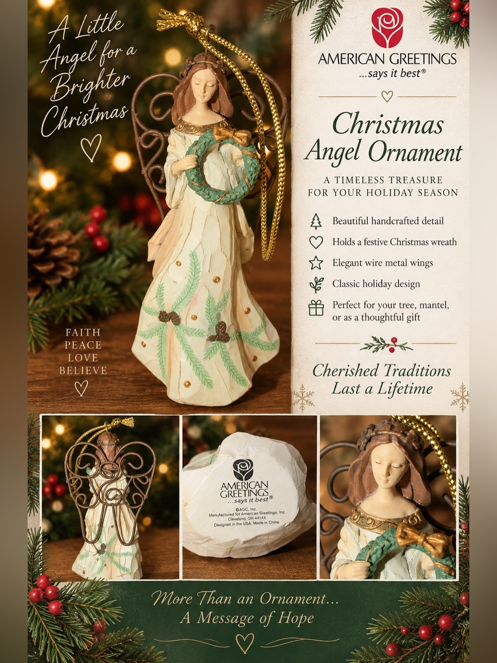 American Greetings Angel Christmas Ornament Wreath Wire Wings Rustic Holiday